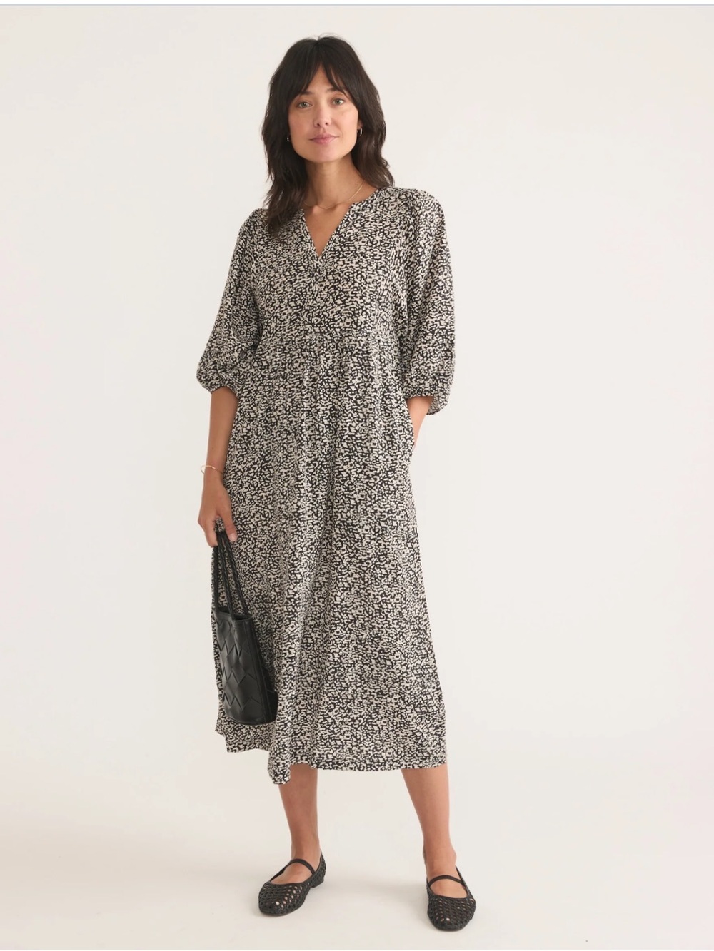 Marine Layer Lola Midi Dress Light Cheetah Oversized Balloon Sleeves w/ Pockets
